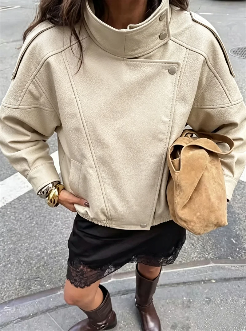 Guobioziy Women's Jacket 2026 Early Autumn New Fashion Versatile Litchi Texture Long Sleeve Stand Collar Faux Leather Jacket