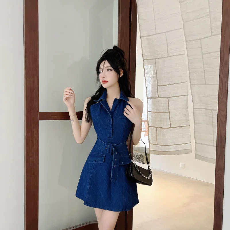 

Sweet Hot Girl Retro Denim Dress for Women Spring/summer Sexy Slim Fit Sleeveless A-line Short Dress Fashion Female Clothes