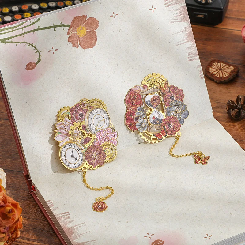1 pc Vintage Clock And Flower Metal Bookmark With Metal Chain Pendant Bookmark Students Reading Tool For Book Lovers Writers view 3