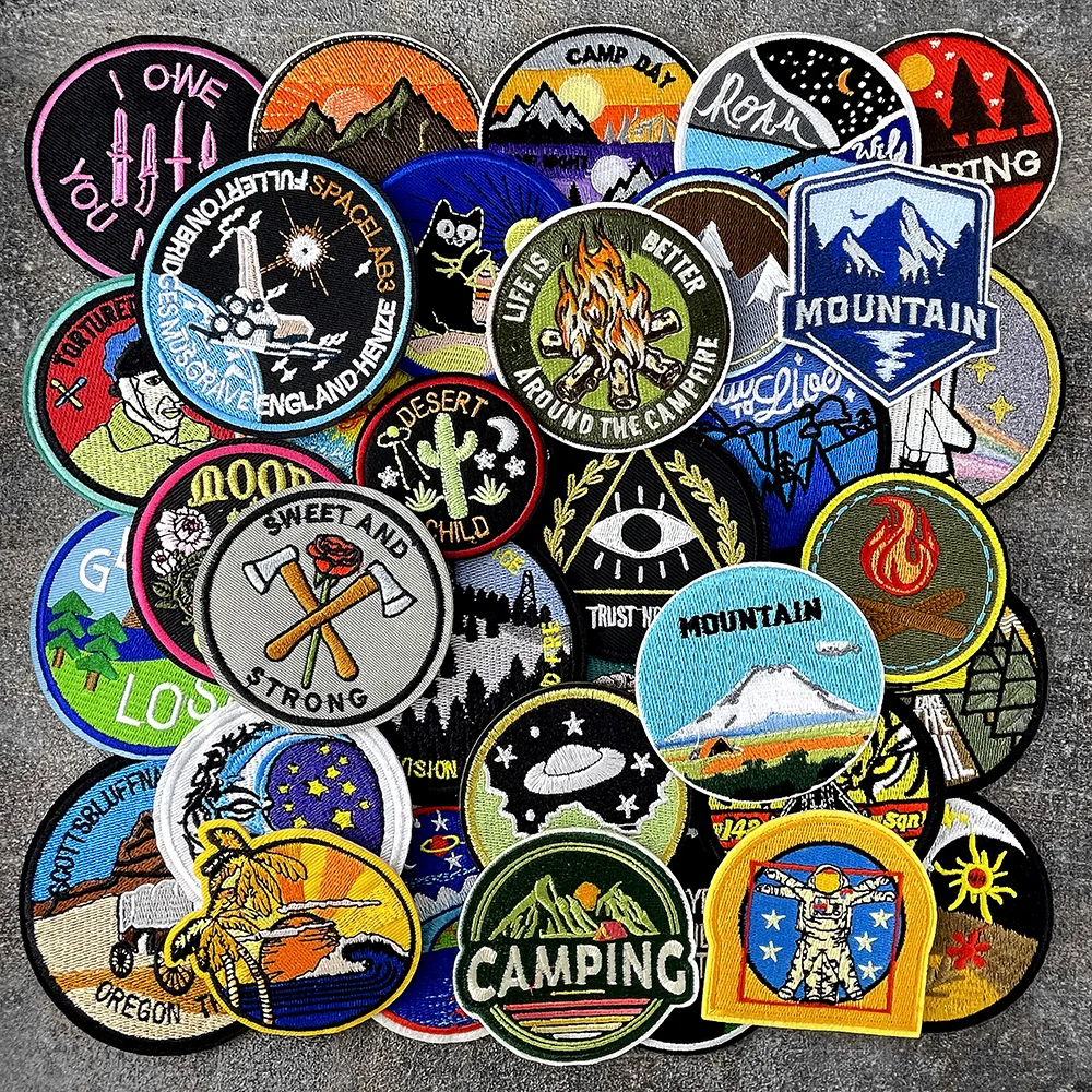 Camping Bonfire Mountain Space Iron on Patches for Clothing Embroidered Sewing Applique Repair Damage Decoration Modify Patch