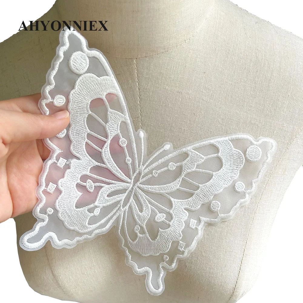 15CM X 17.5CM Black White Embroidery Patch Butterfly Sticker Parches For Wedding Dress Appliques Sew On Patches