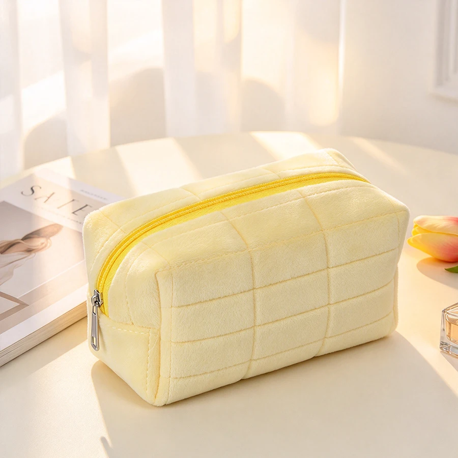 Plush large capacity fluffy makeup bag; cow print zipper toiletry storage bag; soft travel cosmetic organizer for women