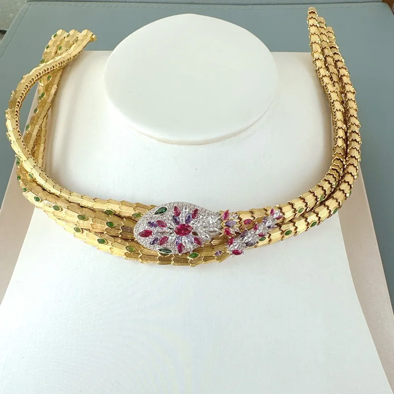 Designer Style Earrings Ring Bracelet Three Layer Necklace Inlay Red Cubic Zircon Snake Serpent Dinner Party Choker Jewelry Sets