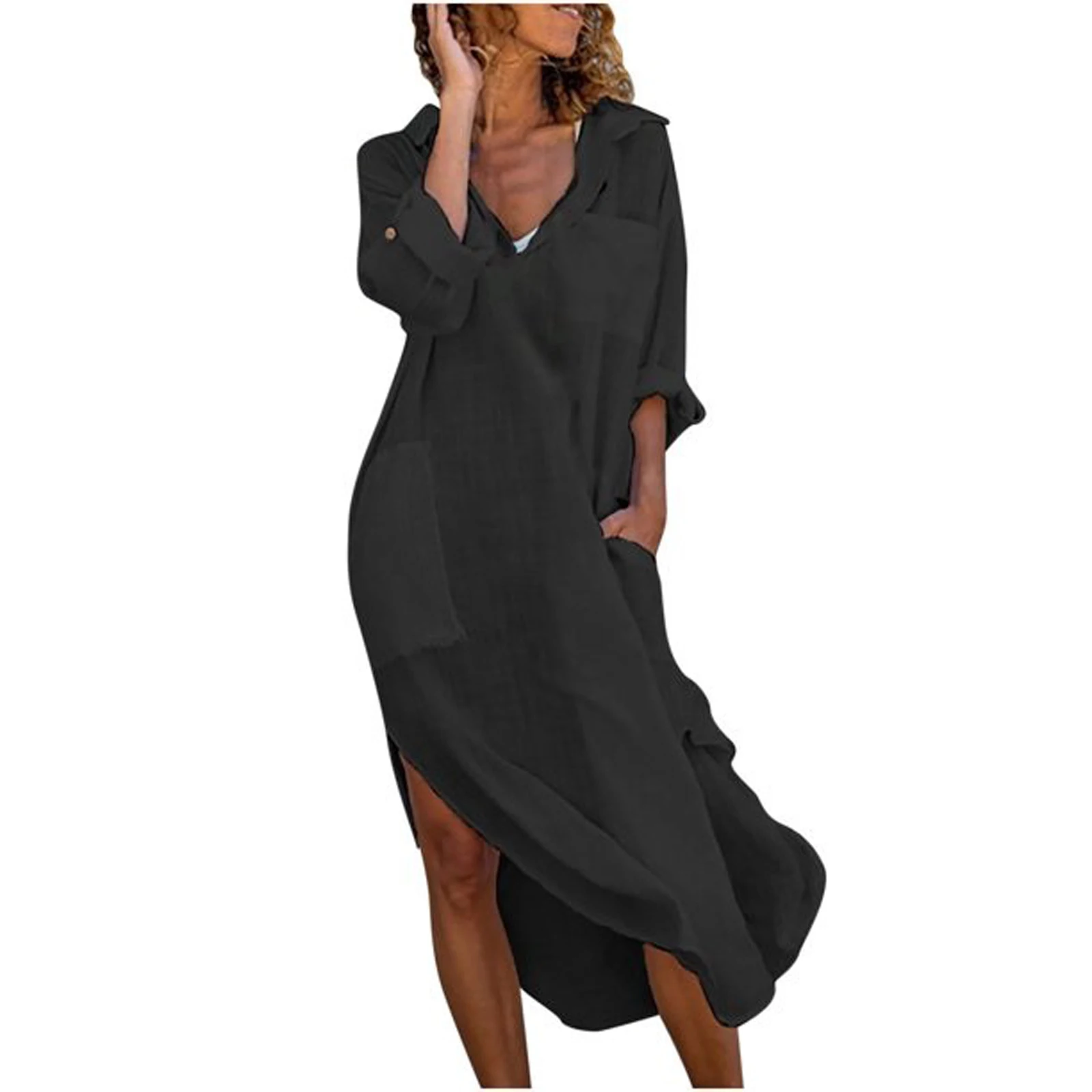 2024New Women's Bathing Suit Cover-Up Dress Ladies Solid Color Long Sleeve Lapel Side Slit Mid-Length Slim Shirt Dress Beachwear