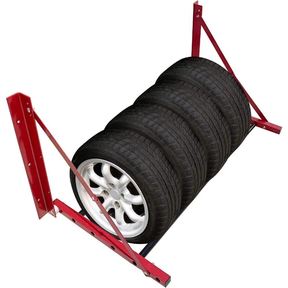 Rack de pneus dobrável para montagem em parede para rodas de carro, ajustável 32"-48", vermelho, comporta até 300 LBS