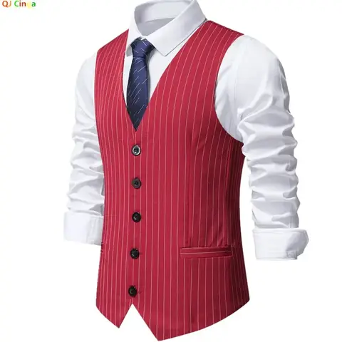 레드 남성 스트라이프 민소매 조끼, 싱글 브레스트 v 넥 정장 조끼, 웨딩/파티/비즈니스/사무실 양복 조끼, 유럽 사이즈 S-XXL Best5
