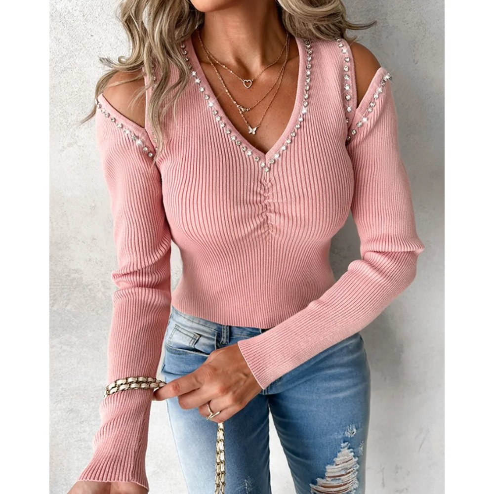 女性秋冬ラインストーン装飾 V ネックコールドショルダーシャーリングニットプルオーバーセーターファッションスリムフィットレイヤリング長袖トップ