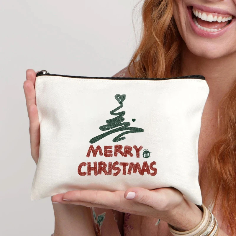 Believe Merry Christmas Tree Canvas Makeup Bag Organizer Zipper Storage Pouch Travel Perfume Lipstick Bags Pencil Case Xmas Gift