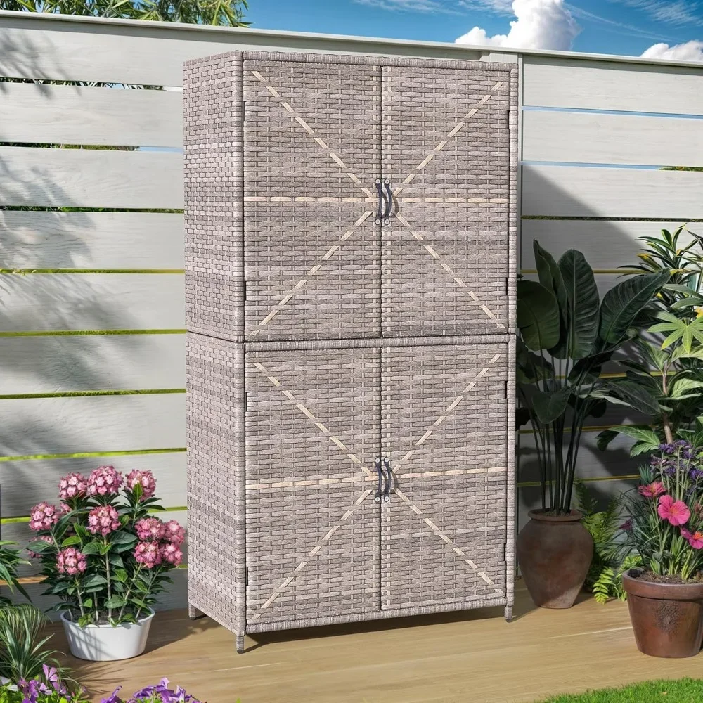 

Outdoor Storage Shed, Patio Storage Cabinet with Double Doors and Adjustable Shelf,63 Inch Wicker Outside Vertical Tools Cabinet