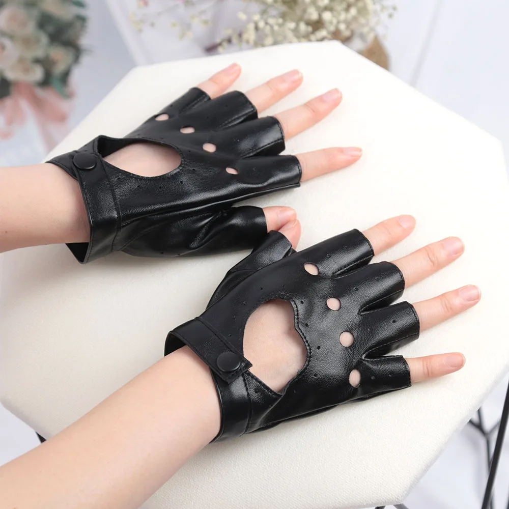 1 Pair Women Punk Hip-hop Five Finger PU Leather Black Driving Show Pole Dance Mittens Fingerless Heart Gothic Party Gloves