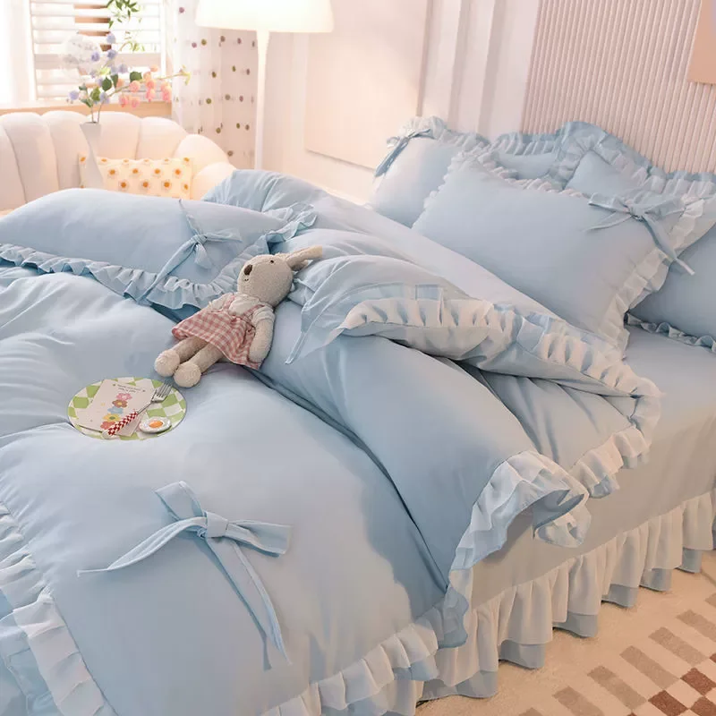 Imagem -04 - Meninas Conjuntos de Cama Kawaii Seersucker Folha de Cama Fronha Moda Princesa Capa de Edredão Cor Sólida Peças Bonito Decoração de Casa