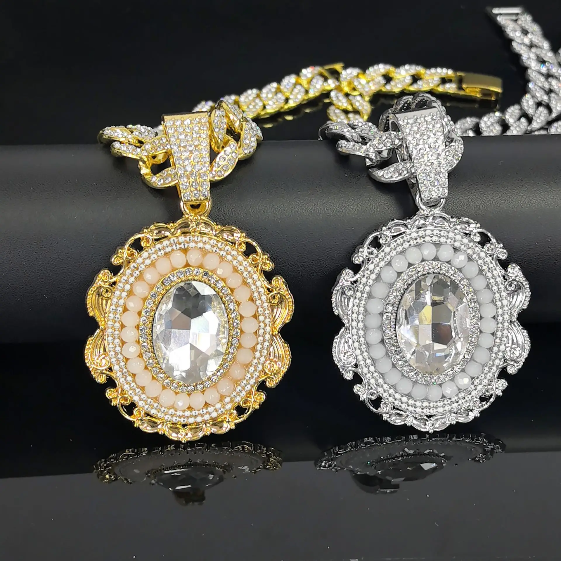 DIY accessories European and American hip-hop full diamond alloy Cuban chain court style oval gem pendant nightclub trendy men's