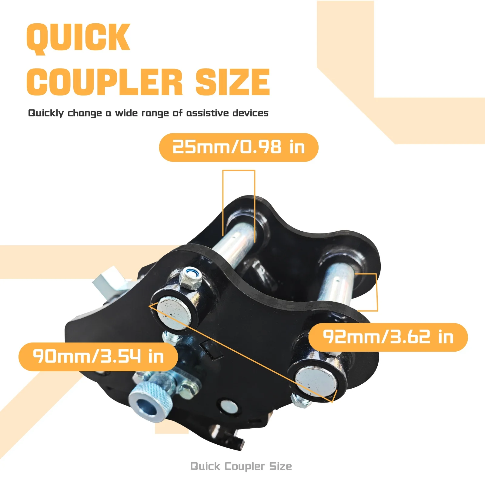 고품질 미니 굴삭기 퀵 체인지 커플러, 중앙 휠베이스 95mm/3.74인치, 스팬 90mm/3.54인치, 구멍 25mm/0.98인치