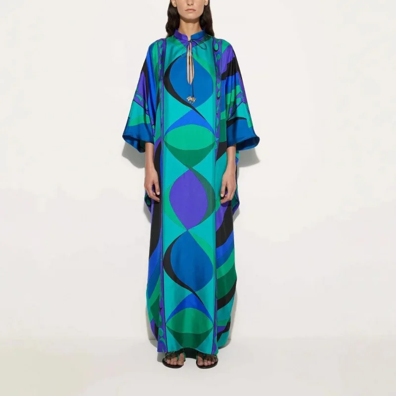 

2026 Spring Summer Women's Printed Belted Maxi Dress Gown Round Neck Elegant Evening Dress Outfit Clothing