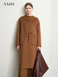 AMII Minimalist Neo-chinese Woolen Camel Wool Double Side Coat for Women 2024 Winter Round Neck Female Loose Outerwear 12444124