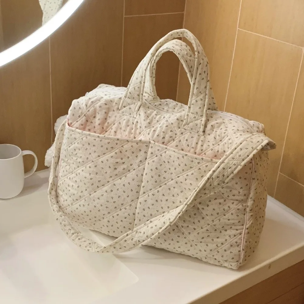 Floral Print Travel Hand Bag Large Capacity Multi-Pockets Cotton Duffle Bag Shoulder Strap Quilted Quilted Travel Bag