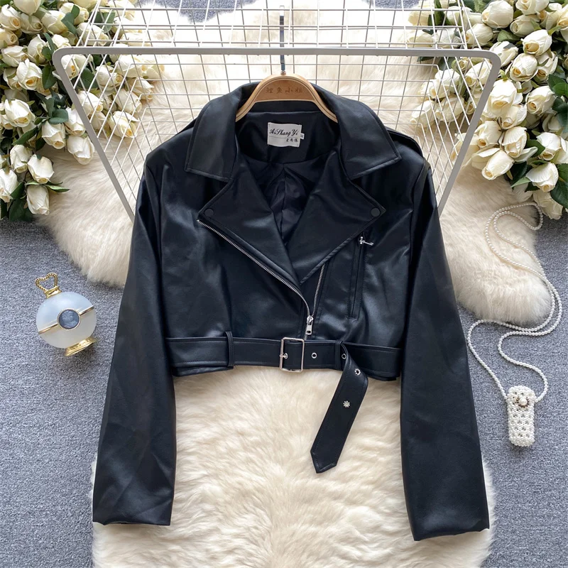 Korean Women Short Faux PU Leather Coat With Belt Spring Autumn Slim Lapel Long Sleeve Female Motorcycle Biker Jacket Streetwear