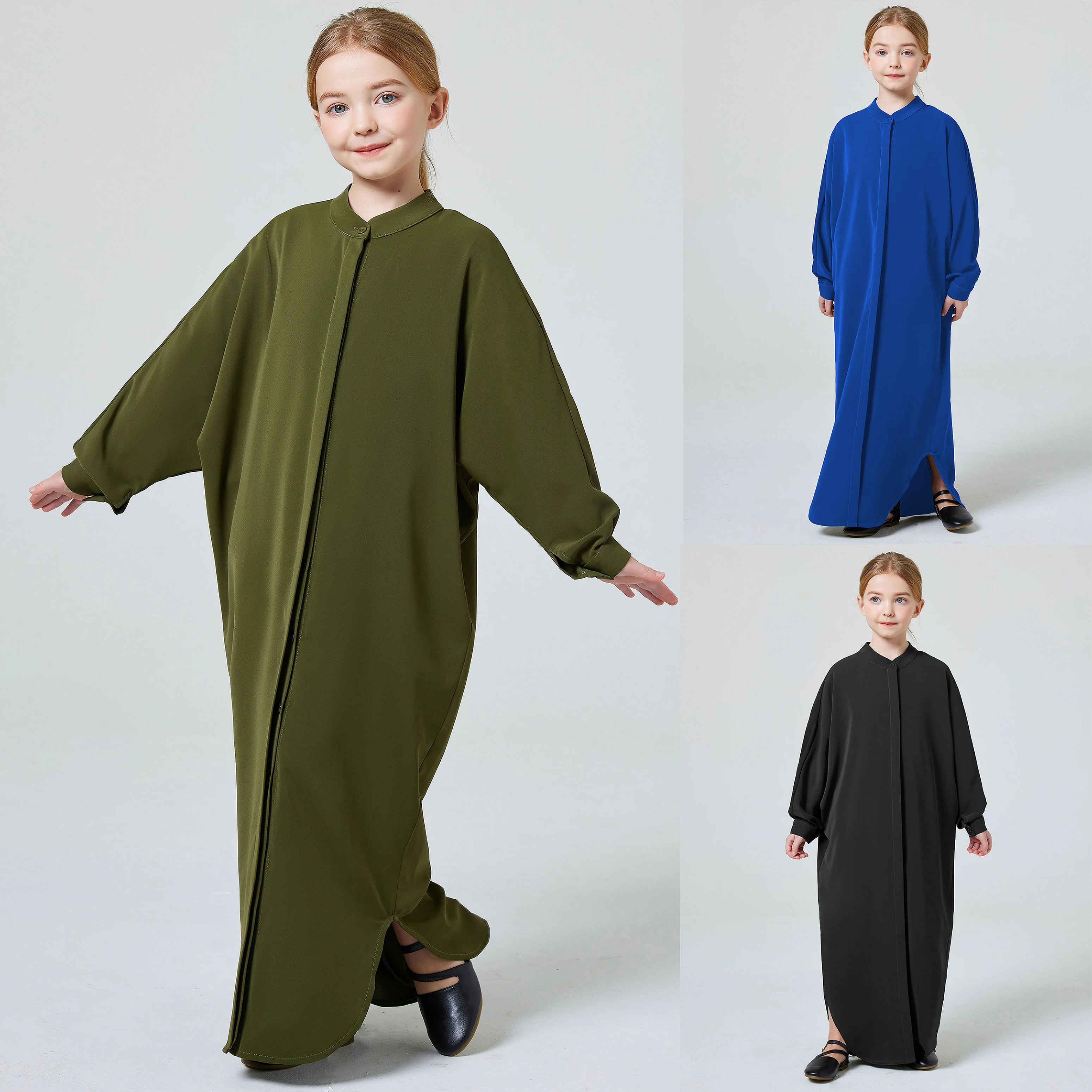 Ramadan kids Abayas Muslism Elegant Girl's Solid Crew Neck Long Sleeve Kaftan Dress For Pray Party,  Abaya Dubai luxury