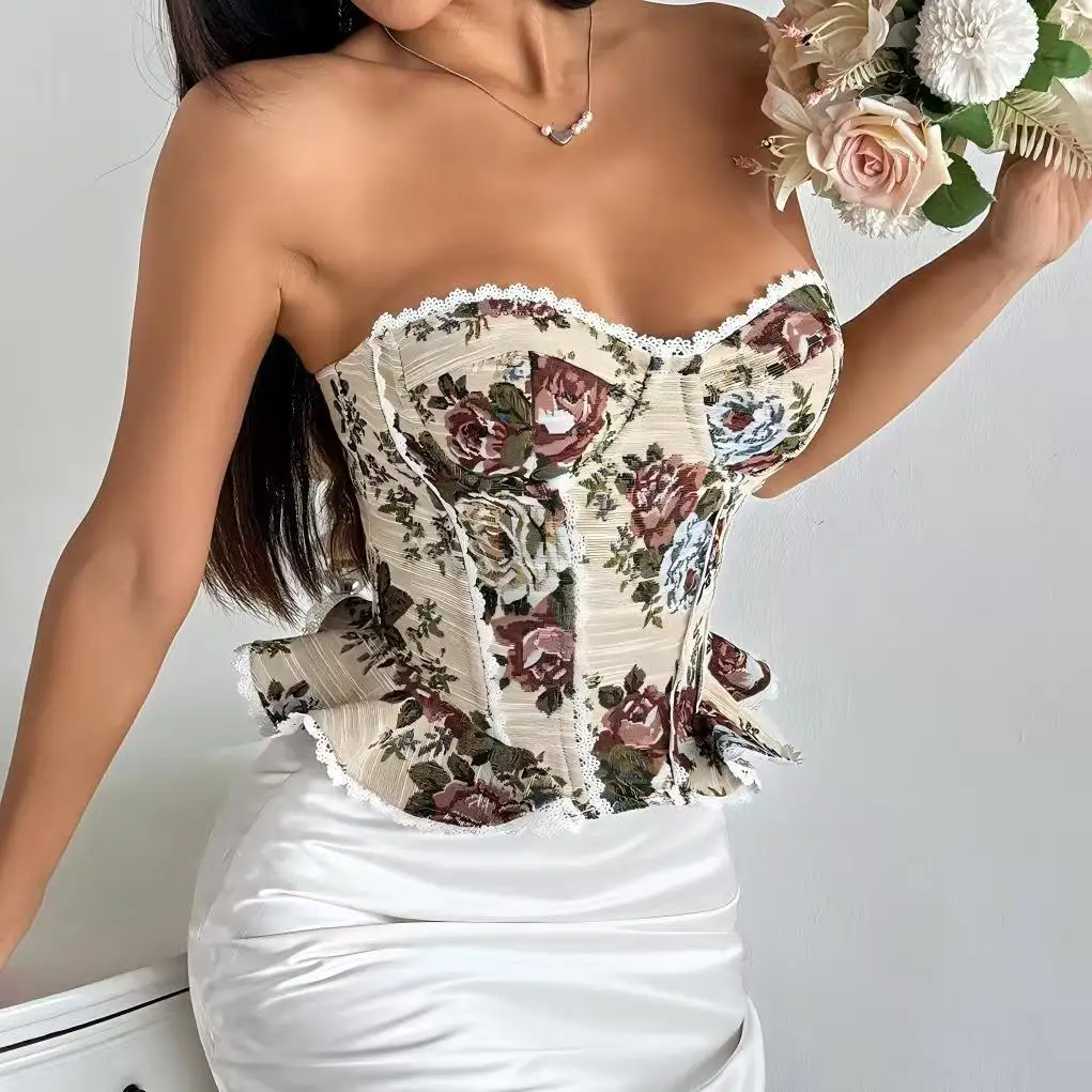 French fishbone bra jacquard women's flower lace waist vest, retro women's high-end elegant temperament fishbone bra