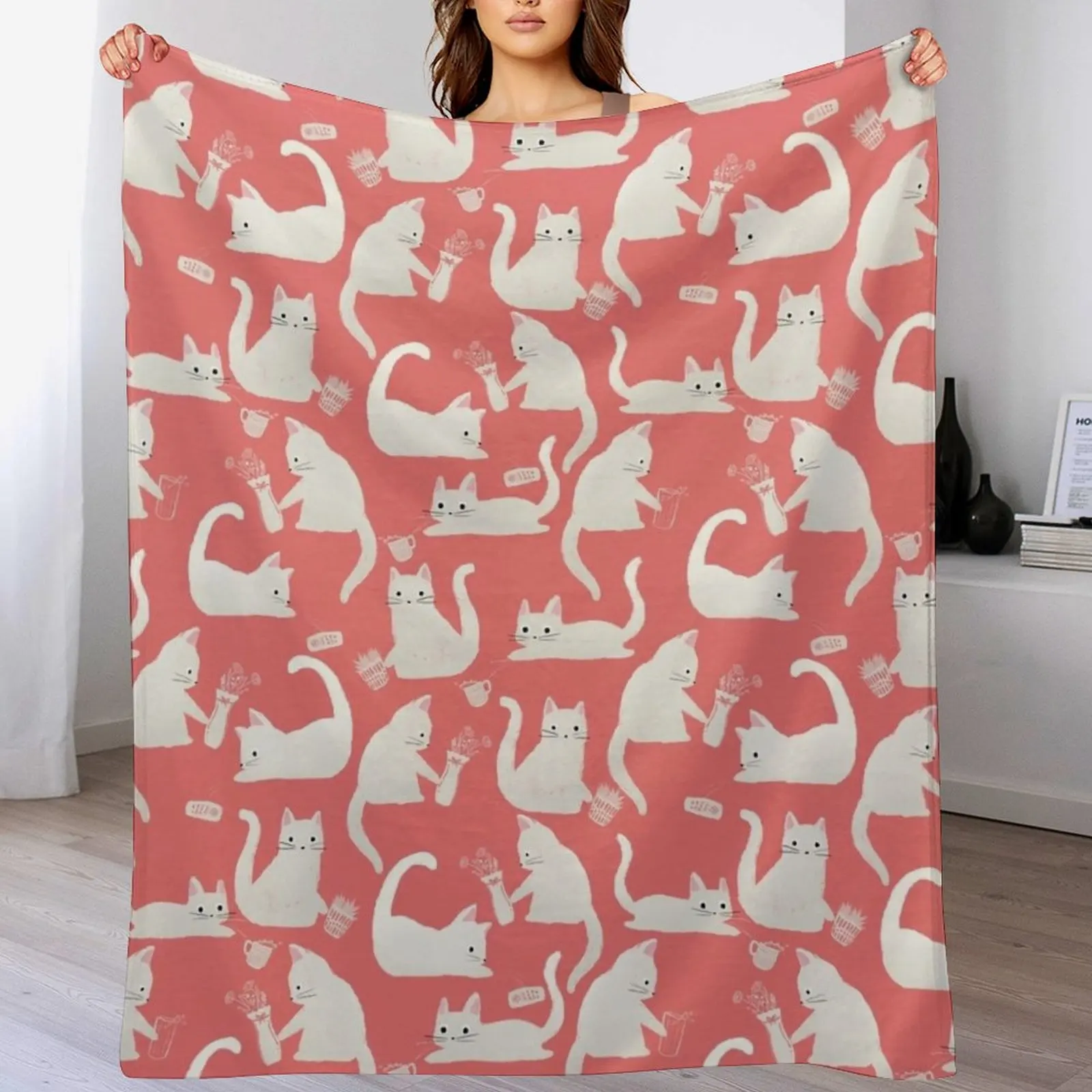 

Bad White Cats Knocking Stuff Over Throw Blanket Easy Care Comfortable Blanket for Couch