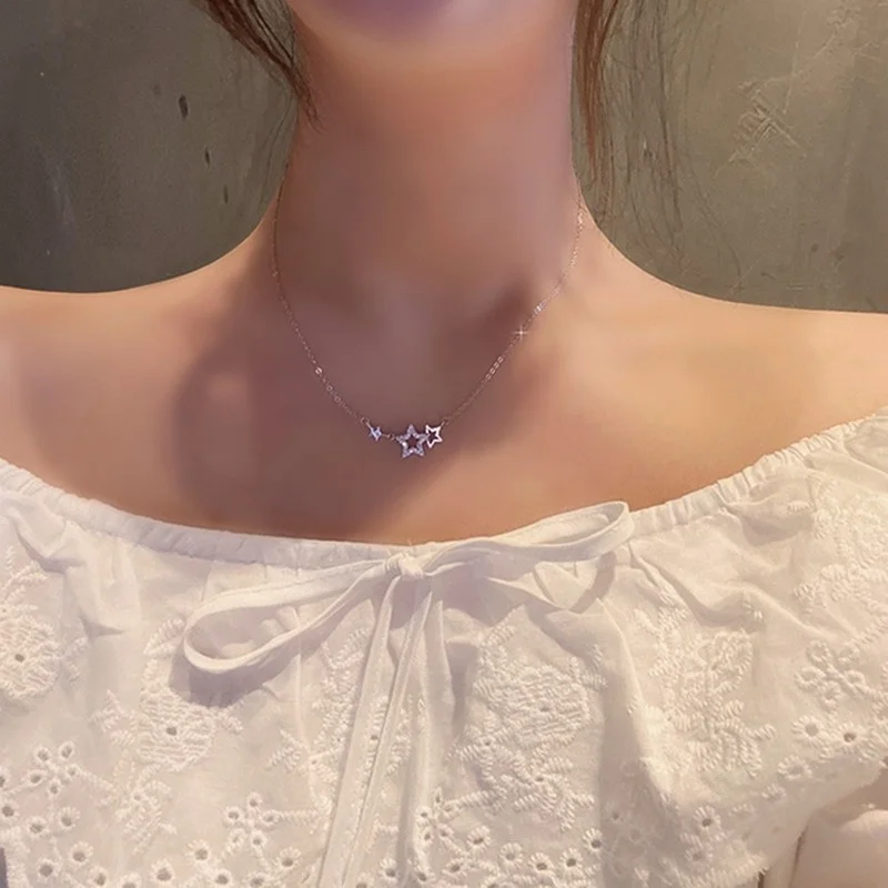 CIAXY Silver Color Inlaid Zircon Star Necklaces for Women Sweet and Cute Pendant Choker Fashion Creative Jewelry Gift