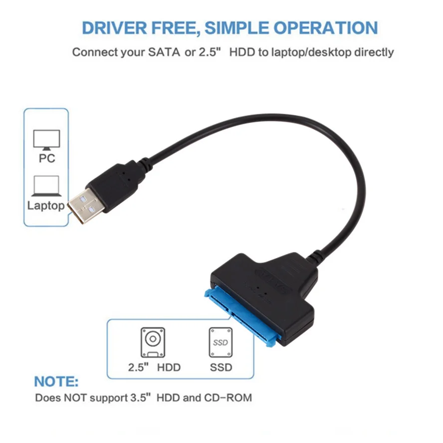 Adaptateur de câble USB 2.0 vers SATA 22 broches, lignes de conversion HDD SSD connecter le fil de cordon pour les disques durs de 2,5 pouces pour disque dur solide