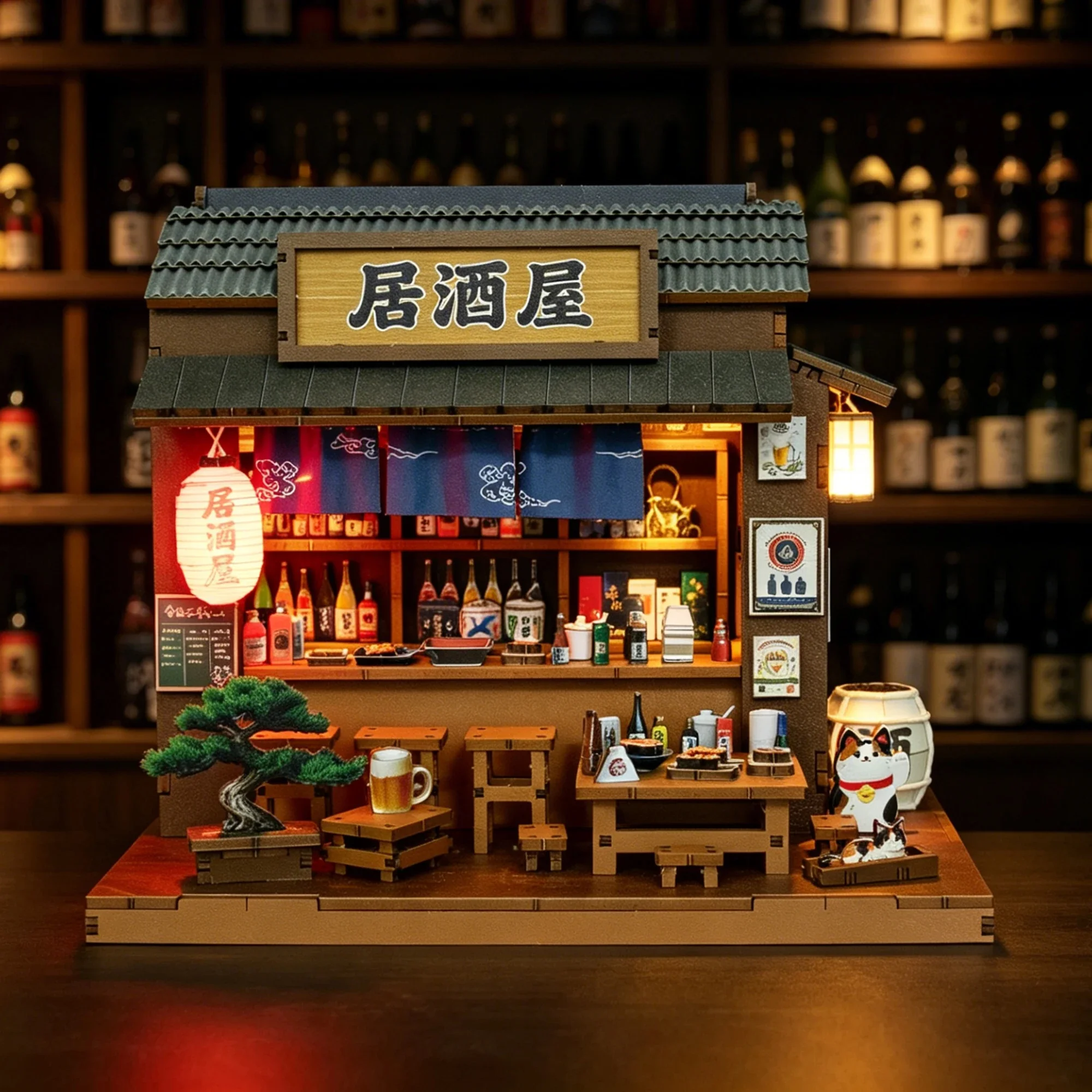 DIY Wooden Japanese Izakaya Cottage Miniature Dollhouse 3D Puzzle Assembly Model Kit for Friends Birthday Gifts Home Decoration