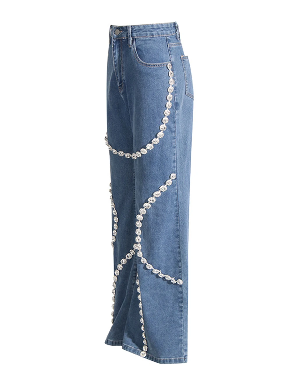 Modphy Diamond Chain Jeans y2k Clothes Women High Waist Wide Leg Beading Denim Pants Fashion Trousers Female Clothes