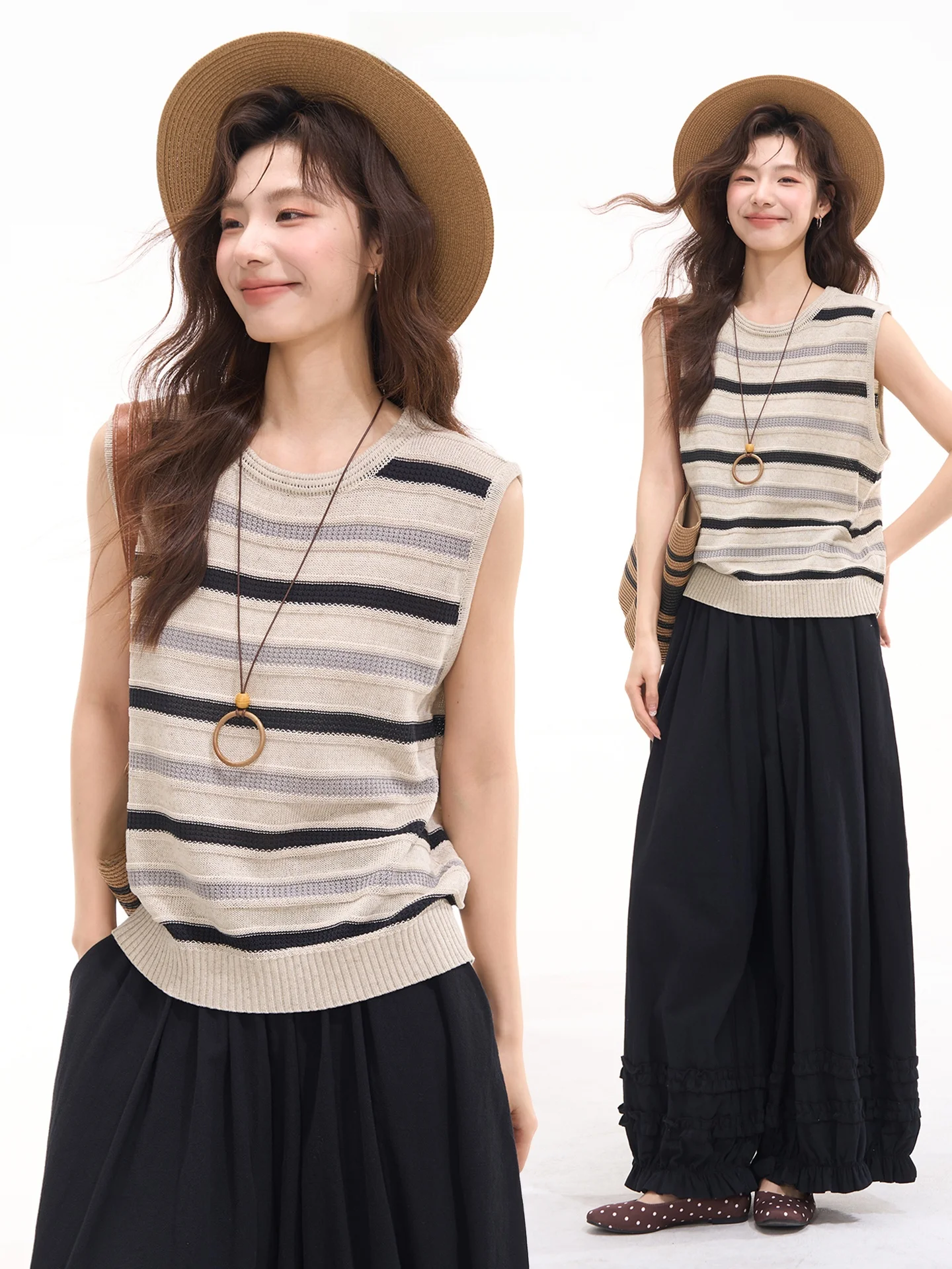 

Летний женский вязаный жилет Heme в стиле Light Maturity, льняной полосатый трикотаж, повседневный свободный крой, пуловер с круглым вырезом