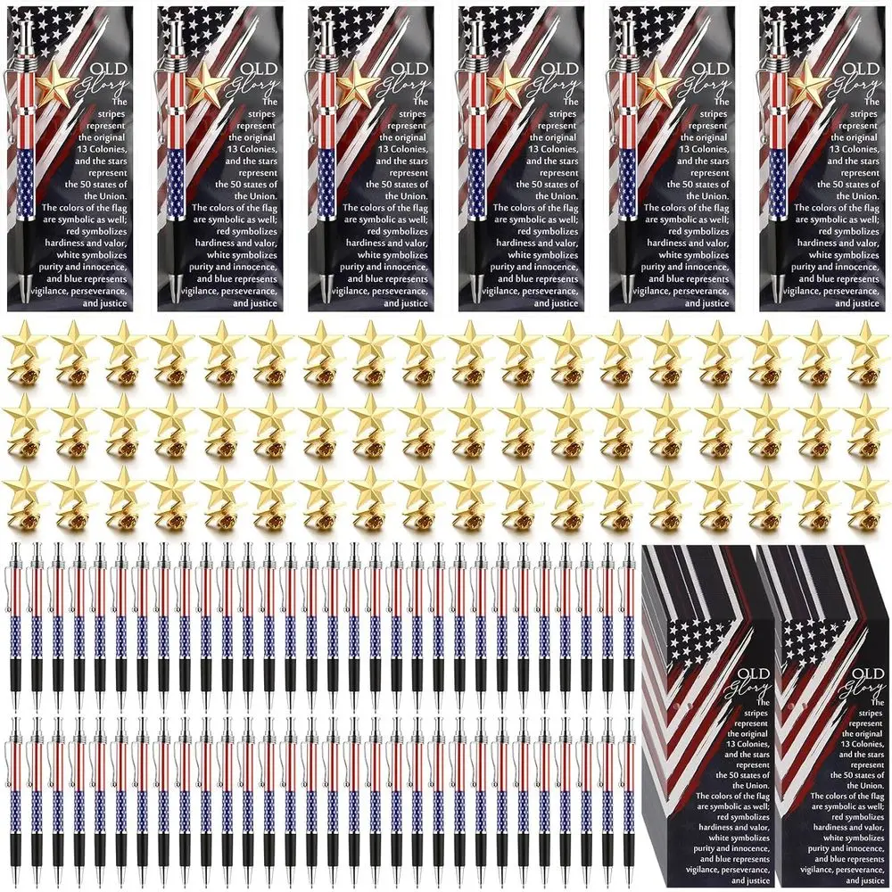 

100 Sets of 300 Patriotic Memorial Day Gifts: Bulk Star Pins, Bookmarks, Red White Blue Souvenirs for Veterans Appreciation