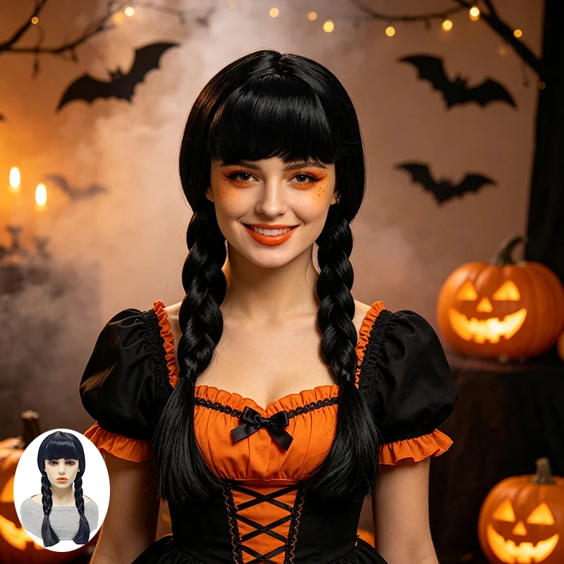 Black Double Braids Wig Bangs Straight Synthetic Hair Gothic Movie Cosplay Halloween Costume Party Full Wigs For Women