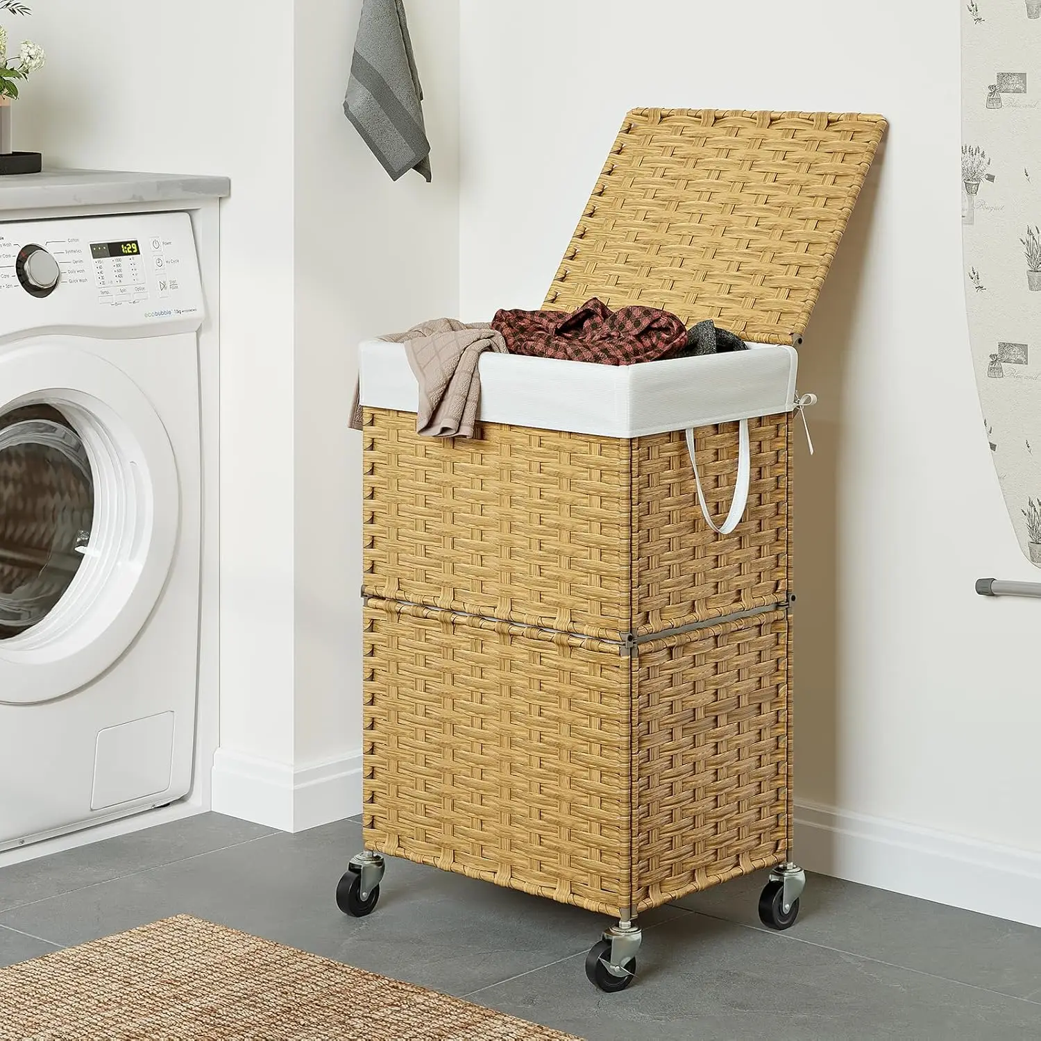 Rolling Laundry Basket with Lid and Renovable Liner Bag,Handwoven Rattan Organizer for bedroom, bathroom, laundry room (Yellow)