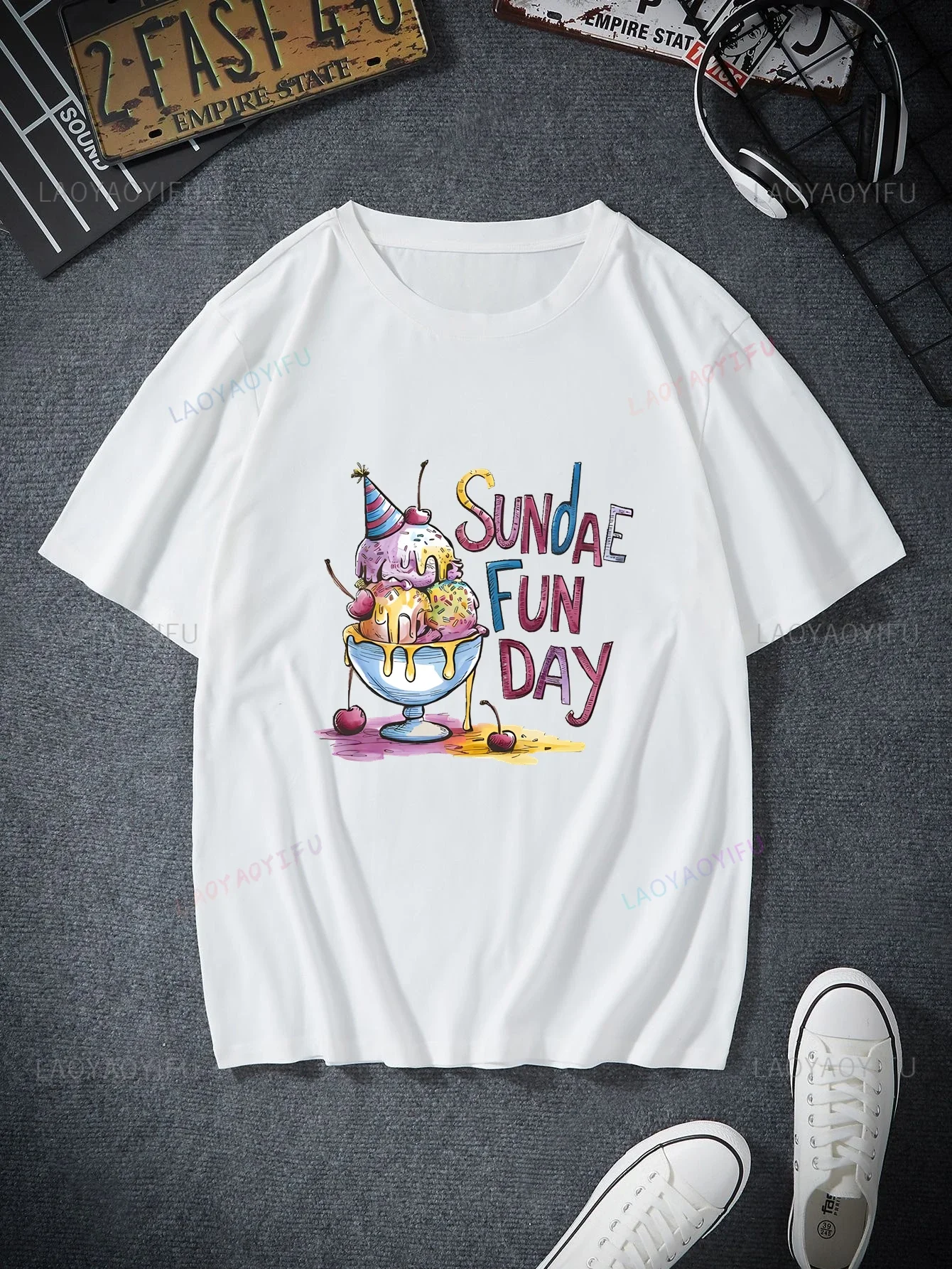 Sundae Fun Day, Humorous Cartoon Sundae Ice Cream Graphic Printed Shirt Unisex Fashion Casual Cotton Short Sleeve T-shirt