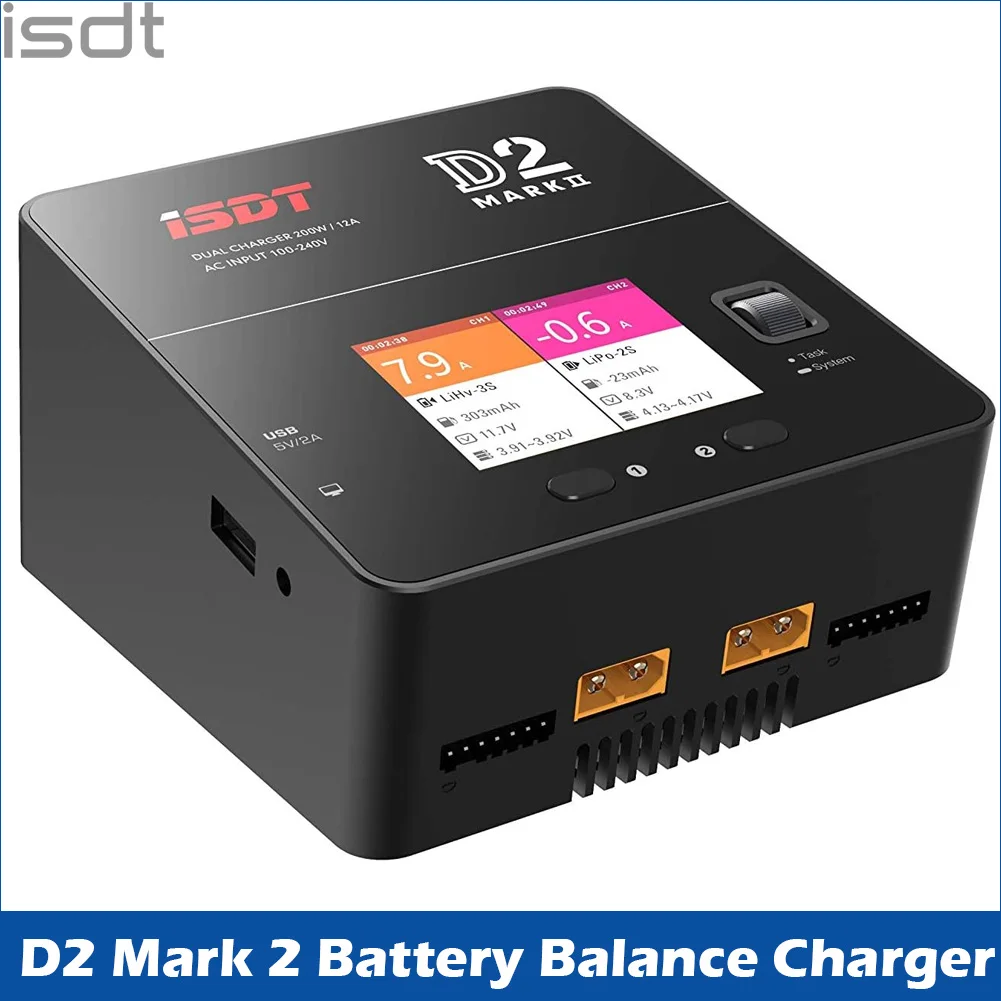 ISDT D2 Mark 2 LiPo Battery Balance Charger Duo Discharger Dual 200W 12A2 AC Dual Channel Output 1-6S Li-ion Life NiCd NiMH LiHV