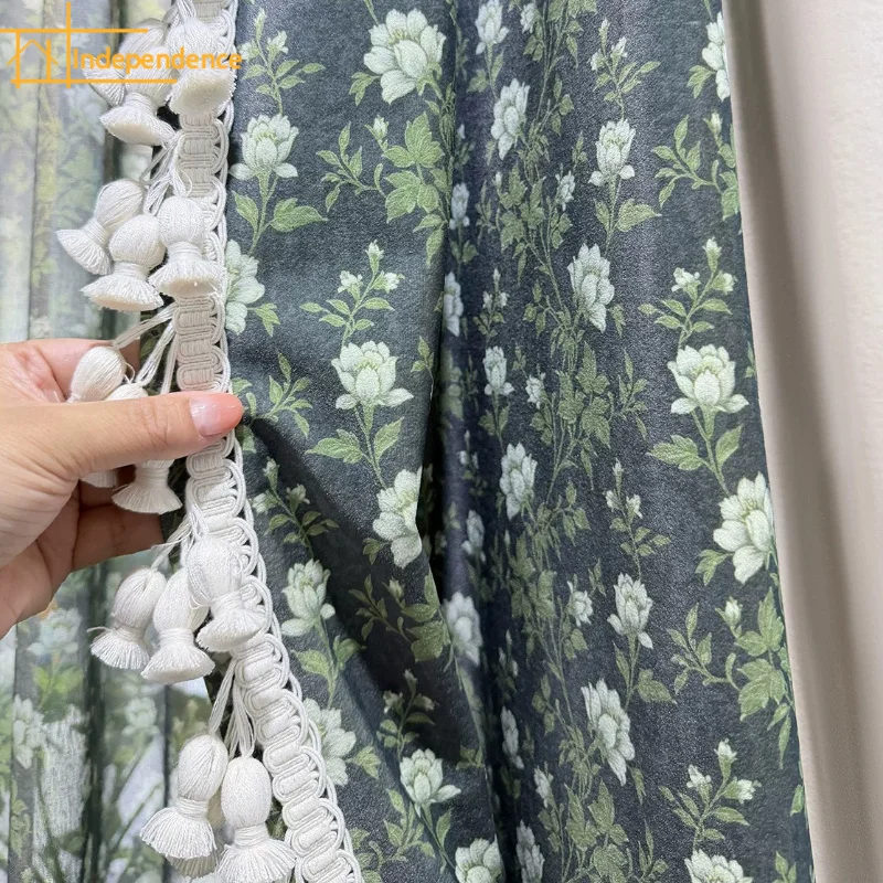 New Rural Retro Green Printing Cotton Linen Splicing Velvet Curtains for Living Room Bedroom French Window Customized Valance