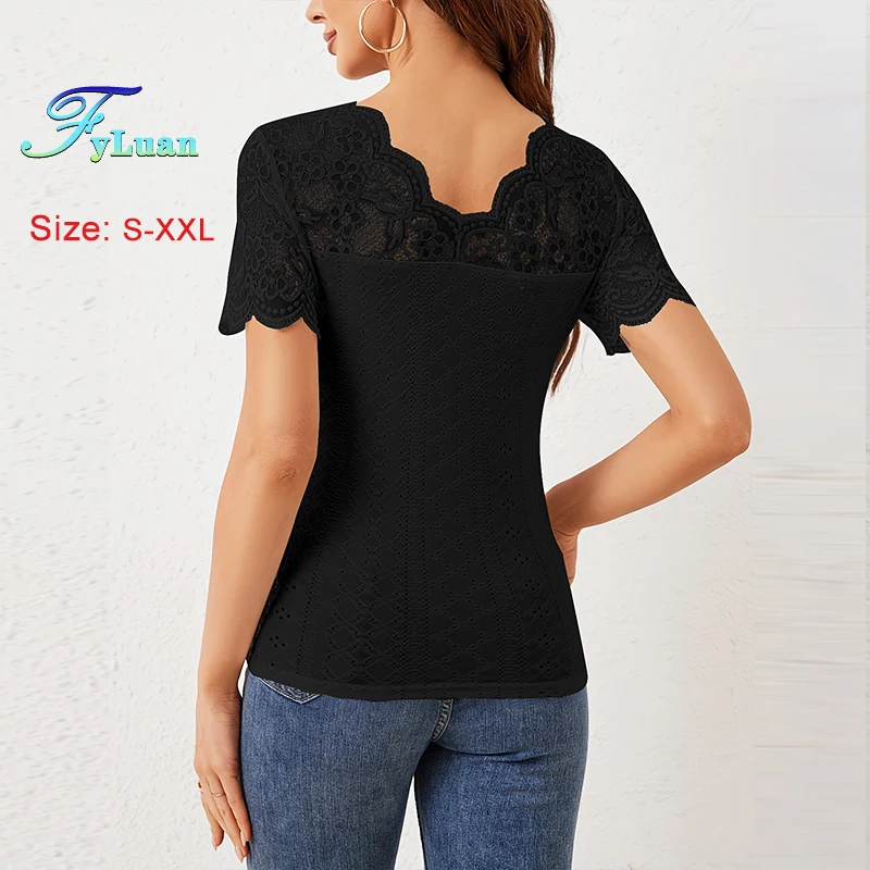 2025 novo produto feminino manga curta camiseta moda leque em forma de borda renda emenda decote em v sexy dentro juntar usando fora topos