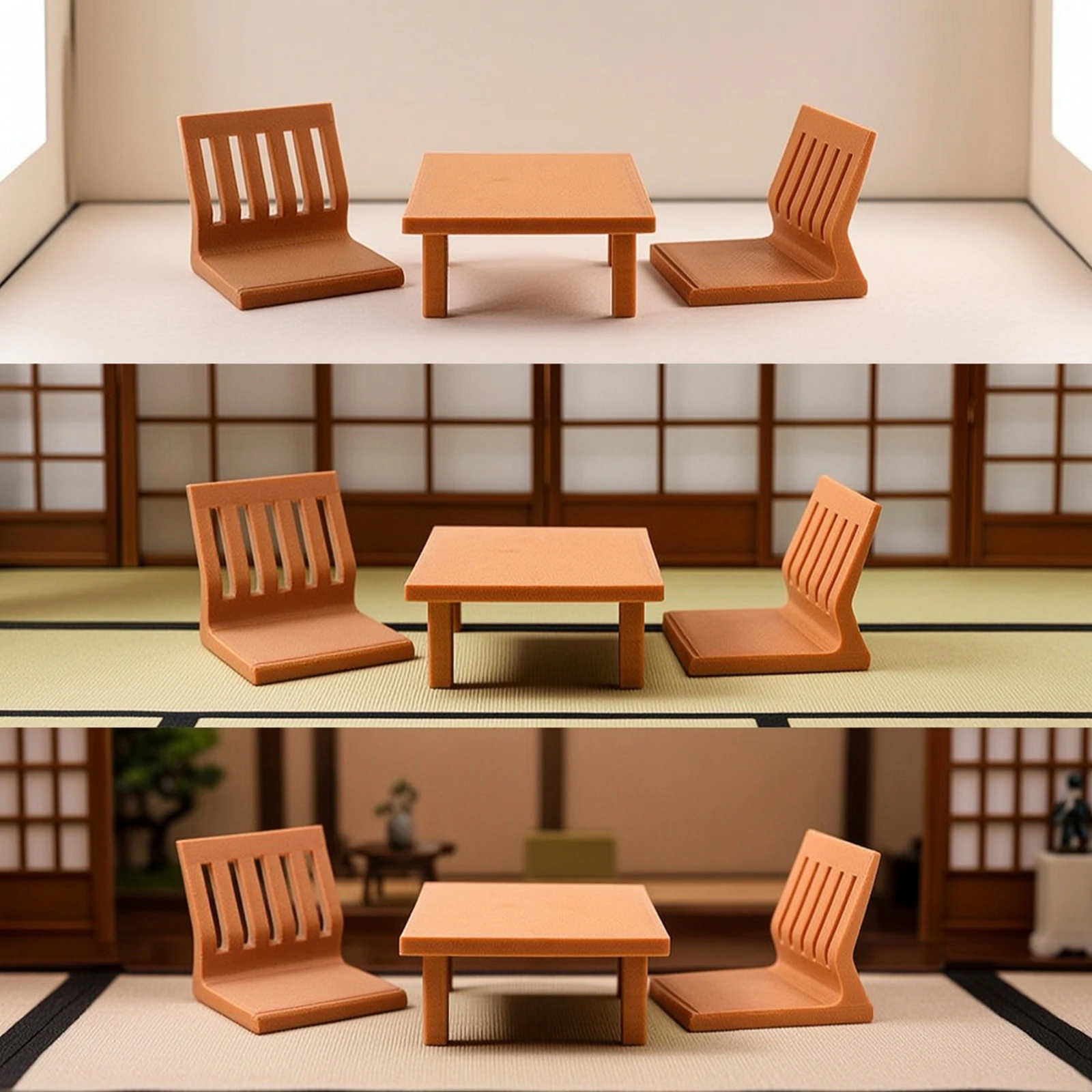 3 Pieces Dollhouse Furniture with Table and Chairs Japanese-Style Dollhouse Table and Chair Set Low-Height Compact