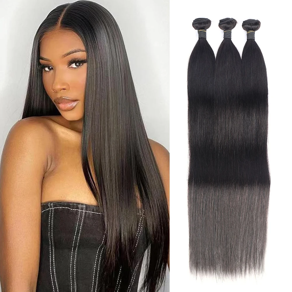 Straight Human Hair Bundles with 13x4 Transparent Lace Frontal Brazilian Weavings 3 Bundles with Closure for Women Extensions