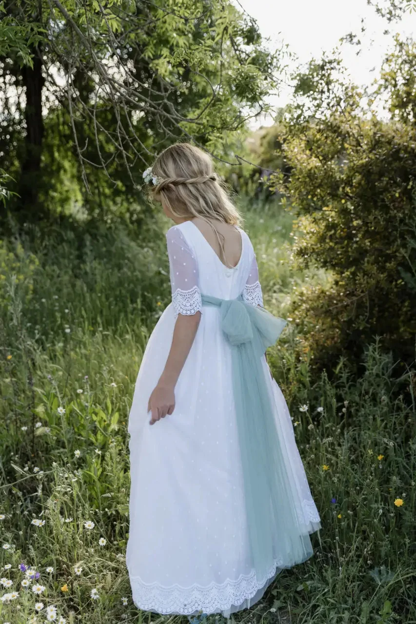 فستان فتاة الزهور ببساطة لحفلات الزفاف نصف كم مع فيونكة بطول الأرض فستان الأميرة لحفلات أعياد الميلاد وحفلات التواصل الأول