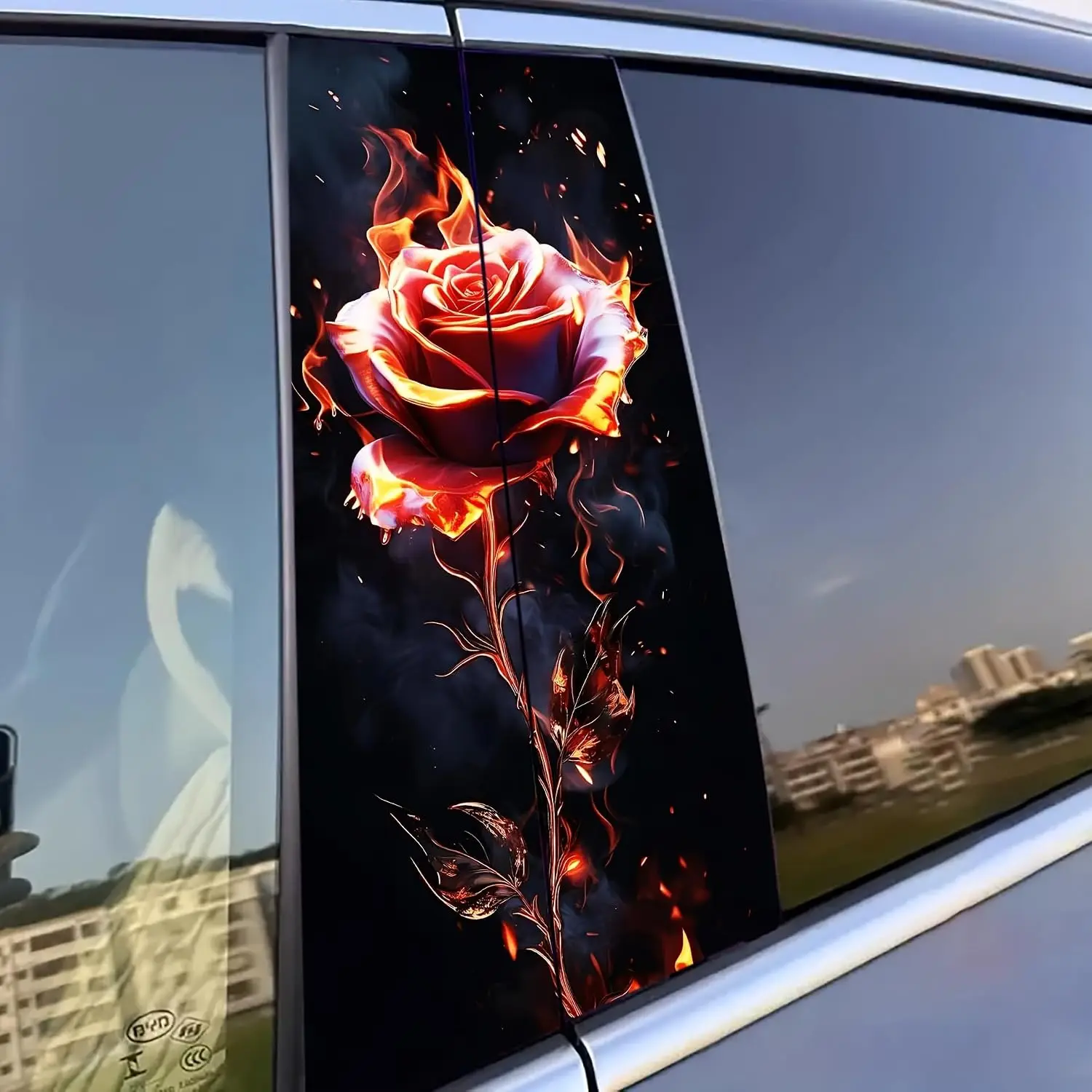 1 Pair Flame Rose Custom Car Doors Livery Pillar Decal PVC B-Pillar Stickers Wrap Self-Adhesive, Scratch-Resistant