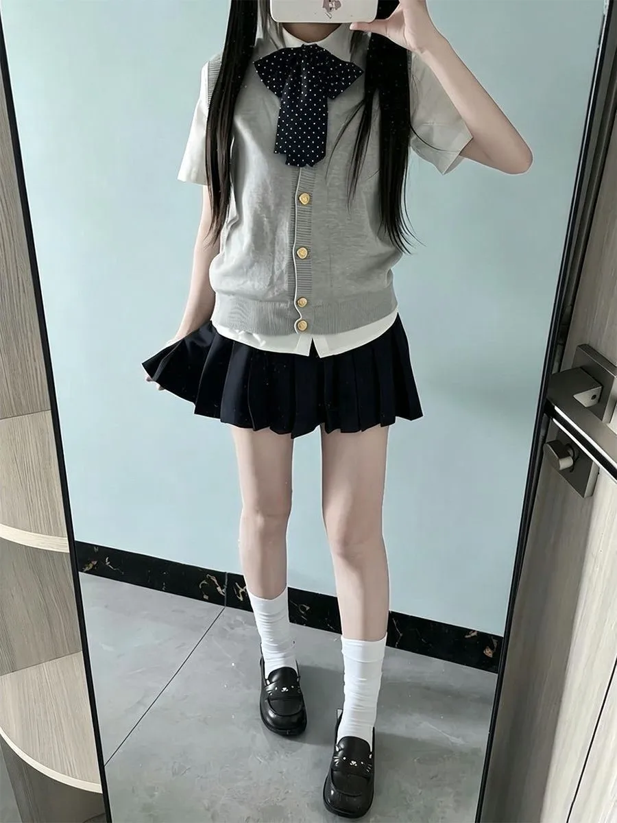 Original Japanese Style College Preppy JK Uniform Set  Color Knitted Cardigan Vest Shirt Middle High Waist Skirt Four Pi...