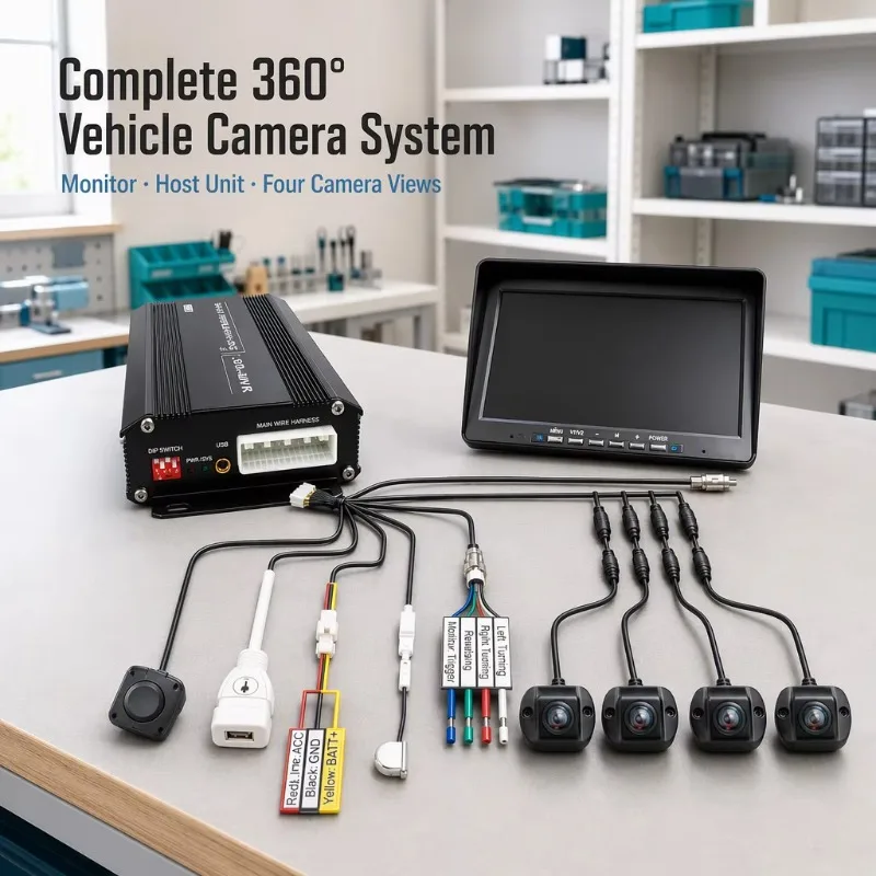 360 Degree Vehicle Camera System with 4 Cameras 3D Bird View Monitor Split Screen for Bus Truck RV Parking and Road Safety