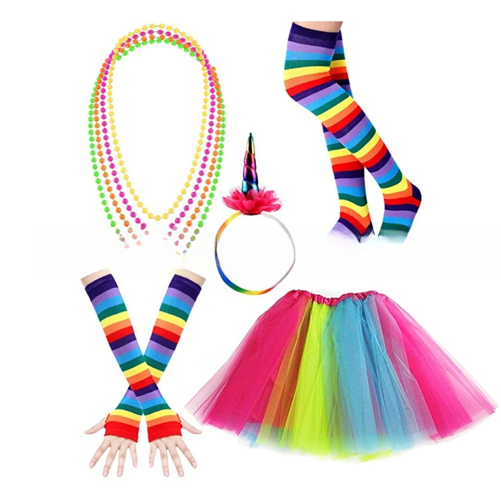 إكسسوارات الثمانينيات تنورة توتو ملونة وعصابة رأس وقلادة وسوار بدلة ألوان للحفلات النيون