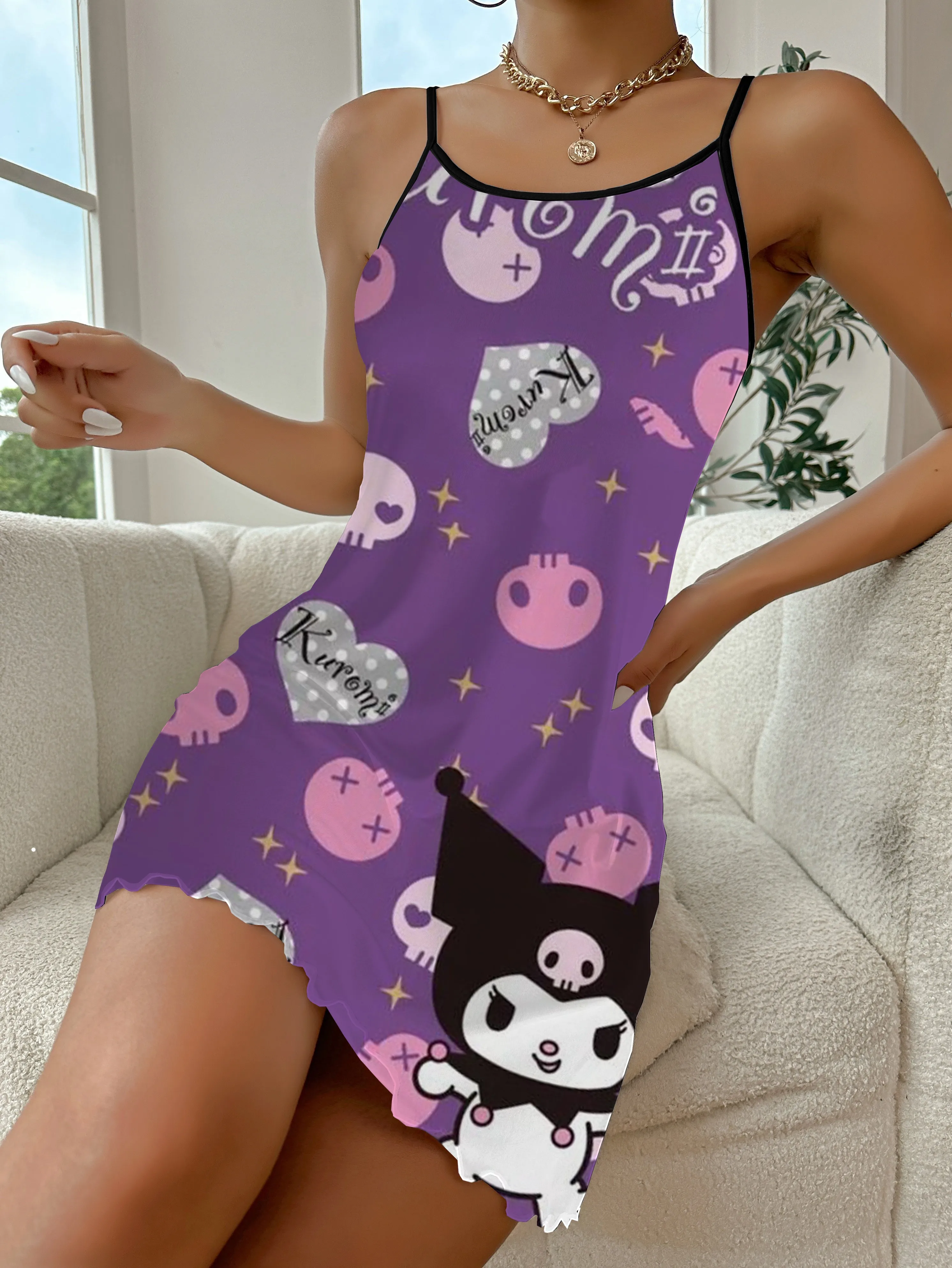 Jupe pyjama à col rond Kuromi pour femmes, mini costume chic, robes de luxe élégantes, garniture en laitue sexy, mode d'été, 2024