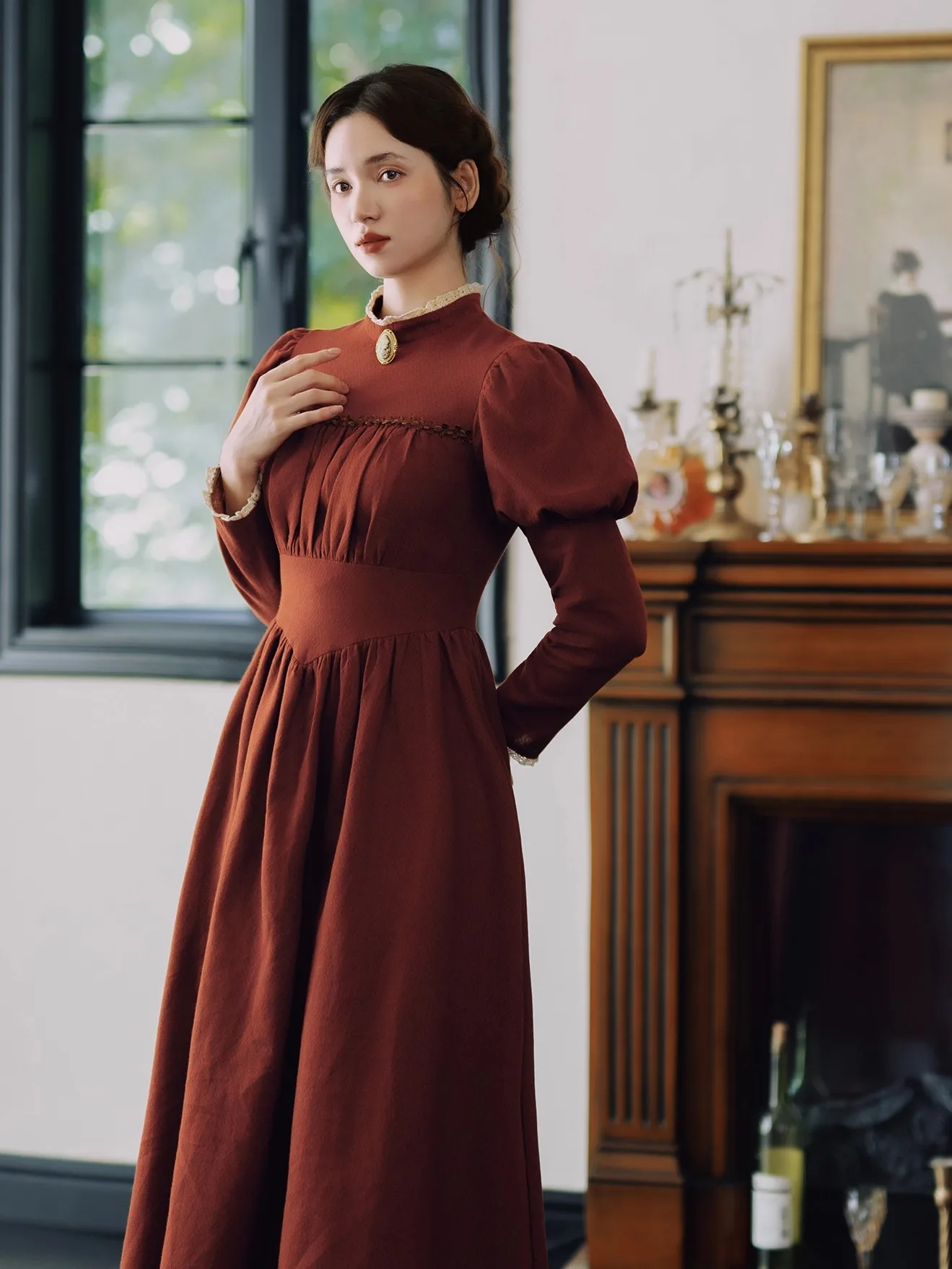 TIYIHAILEY Abito da donna in cotone 100% Manica a sbuffo Lungo Maxi da donna Taglia S-XL Colletto standard Vintage Vita alta Patchwork di pizzo rosso