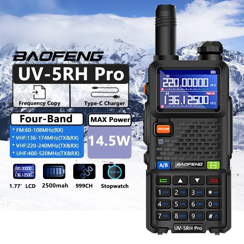 Baofeng-walkie-talkie A65rh pro, radio bidireccional, cargador de USB-C de 14,5 W y 2500mAh, cuatro bandas, 999ch, sin cable, copia 5v-5r