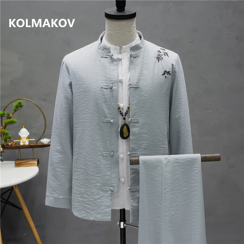 

(Jacket+ trousers) 2024 Autumn men coat embroidery Man Cotton and linen Jackets 's fashion casual coats size M to 5XL