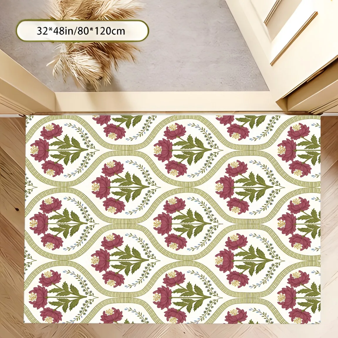 French Retro Area Rug, Arched Red Floral Pattern, Soft Delicate Velvet Texture for Living Room Bedroom Home Decor