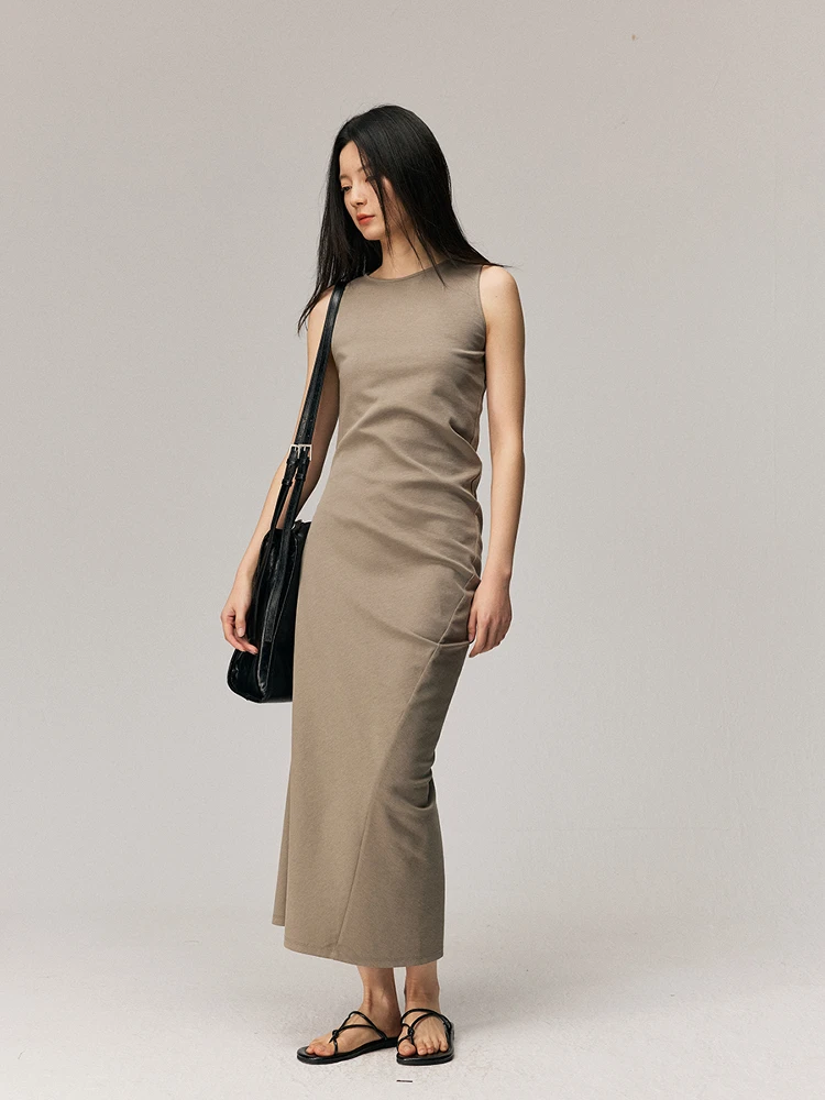 

INOUT Q Spring Summer New Sle Casual round Ne Svel Pleated Slim Fit Asymmetrical Vest Dr Women's Faion