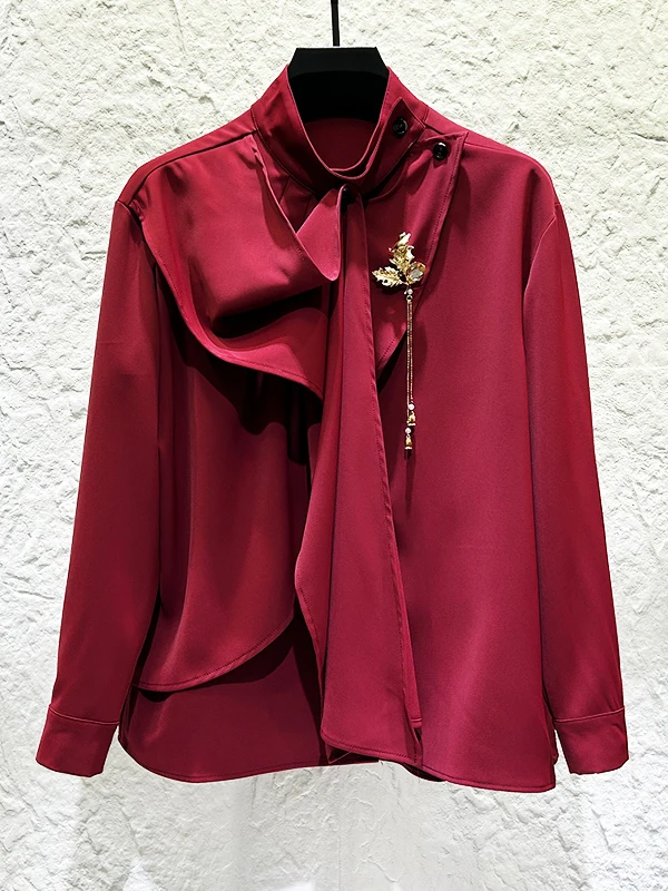 

New Chinese Sle Men's Long Sve irt with Scarf Design Ele Stand Collar Luxury Faion Polyester Fiber Loose Fit